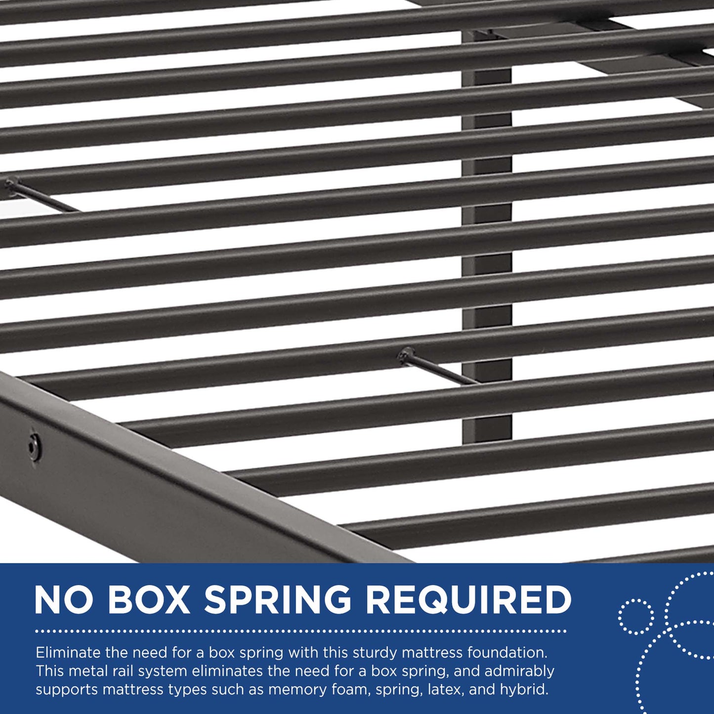 Stainless steel queen bed frame with evenly spaced slats forming a platform foundation; no box spring required.
