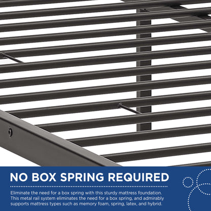 Stainless steel queen bed frame with evenly spaced slats forming a platform foundation; no box spring required.
