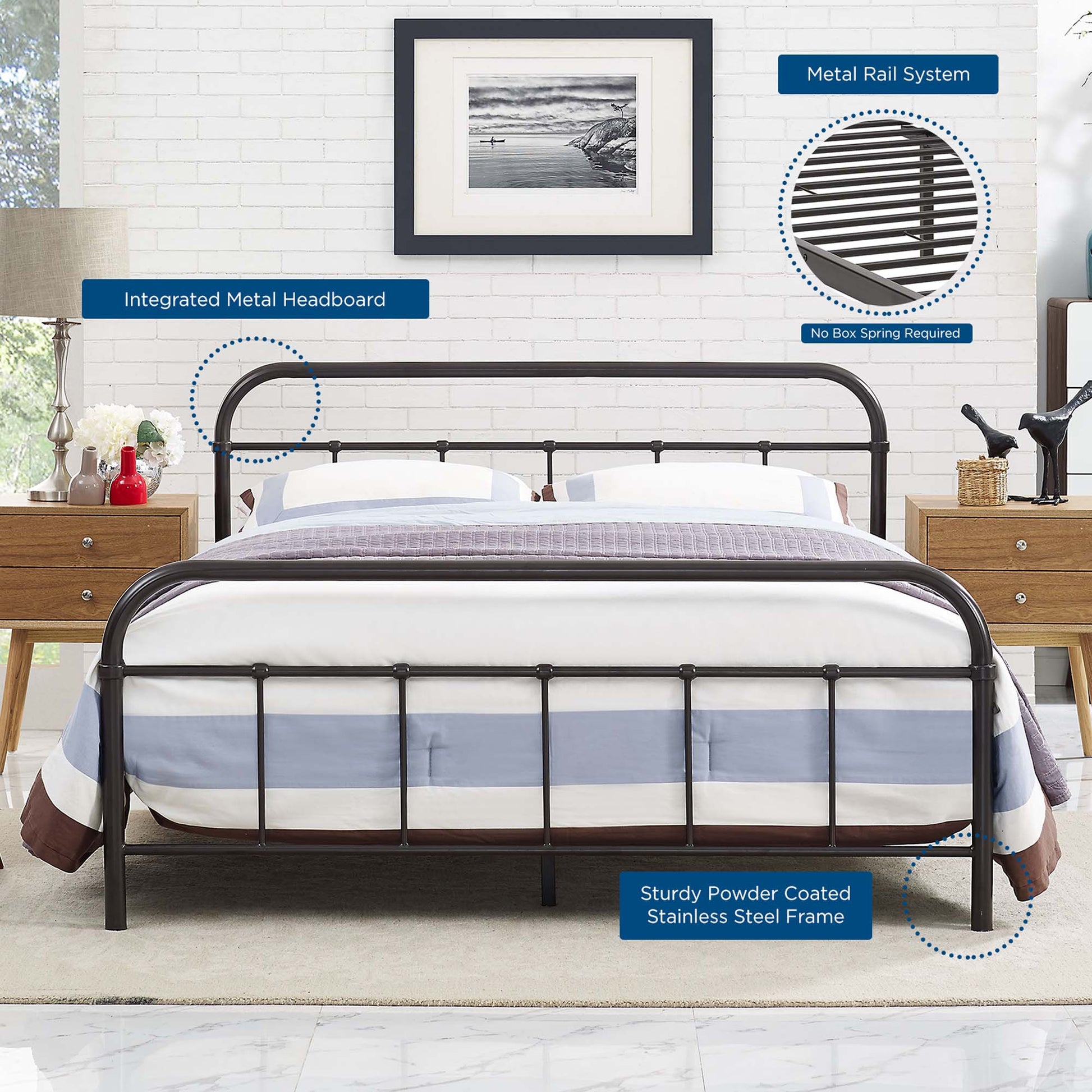 Dark brown stainless steel bed frame with integrated headboard and rail system, striped bedding.