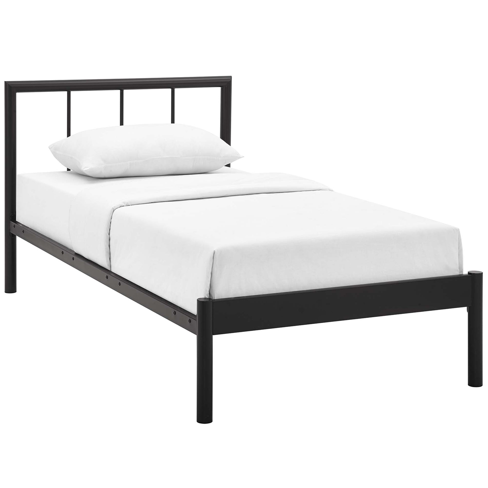 Brown twin bed frame with vertical slat headboard and low footboard, white bedding.