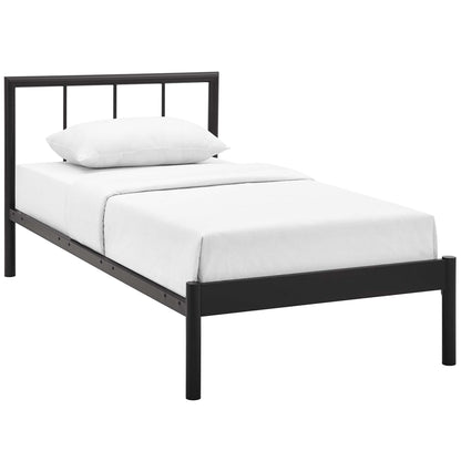 Brown twin bed frame with vertical slat headboard and low footboard, white bedding.