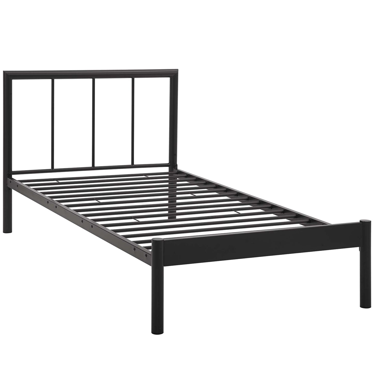 Brown metal twin bed frame with slatted base and vertical-bar headboard; industrial, minimalist style.