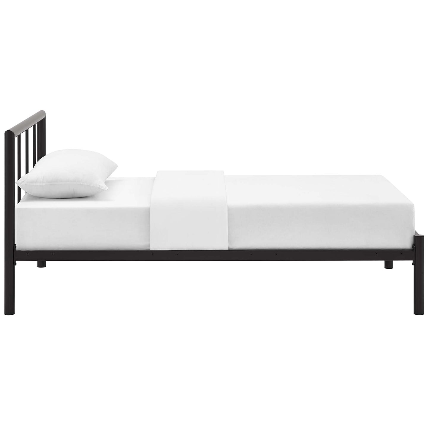 Brown metal bed frame with slatted headboard, white mattress, pillow and folded white blanket