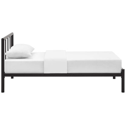 Brown metal bed frame with slatted headboard, white mattress, pillow and folded white blanket