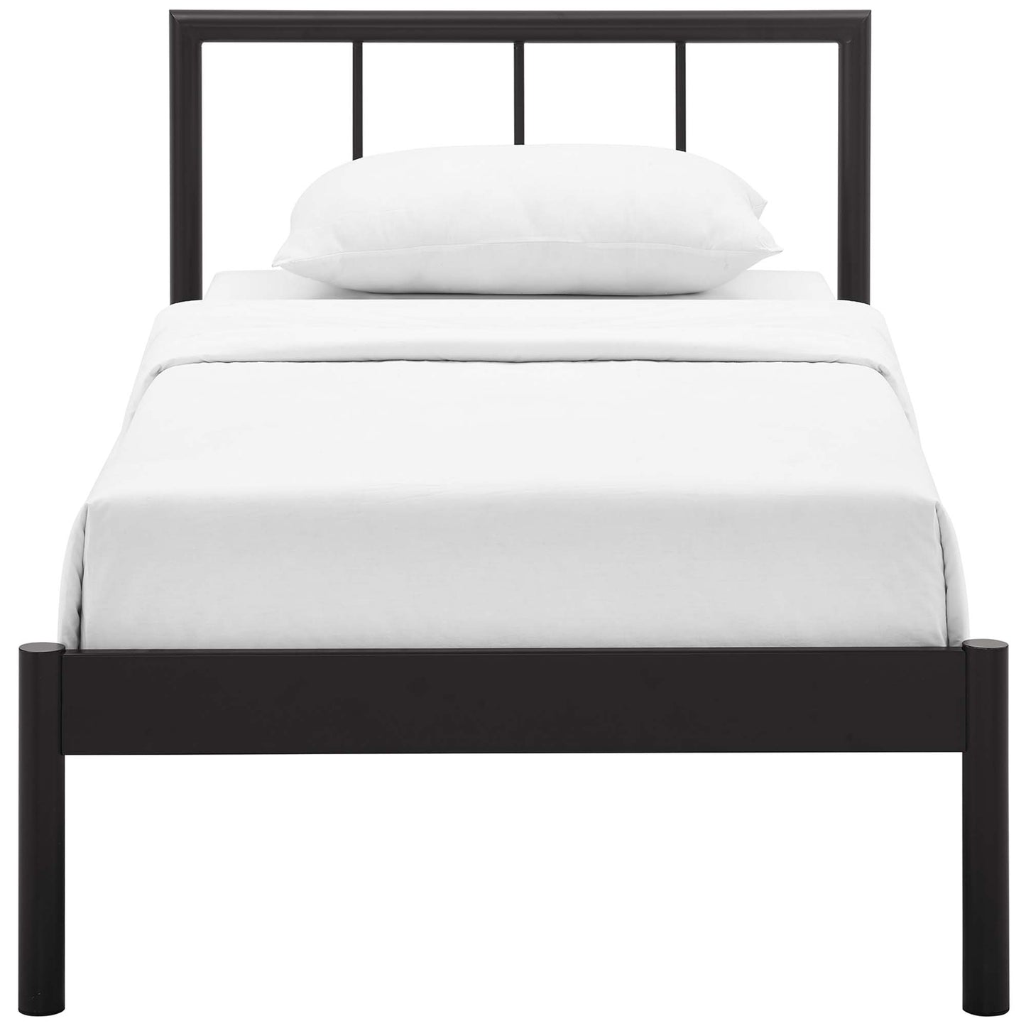 Dark brown metal twin bed frame with rectangular headboard and vertical slats, solid footboard, white bedding.
