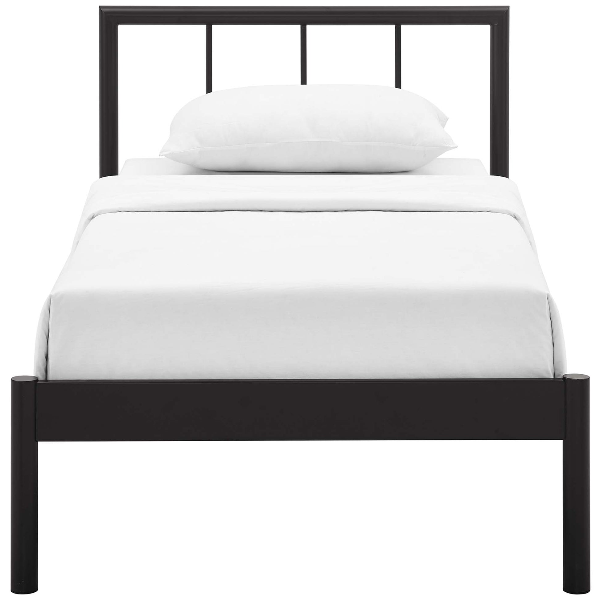 Dark brown metal twin bed frame with rectangular headboard and vertical slats, solid footboard, white bedding.