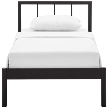 Dark brown metal twin bed frame with rectangular headboard and vertical slats, solid footboard, white bedding.