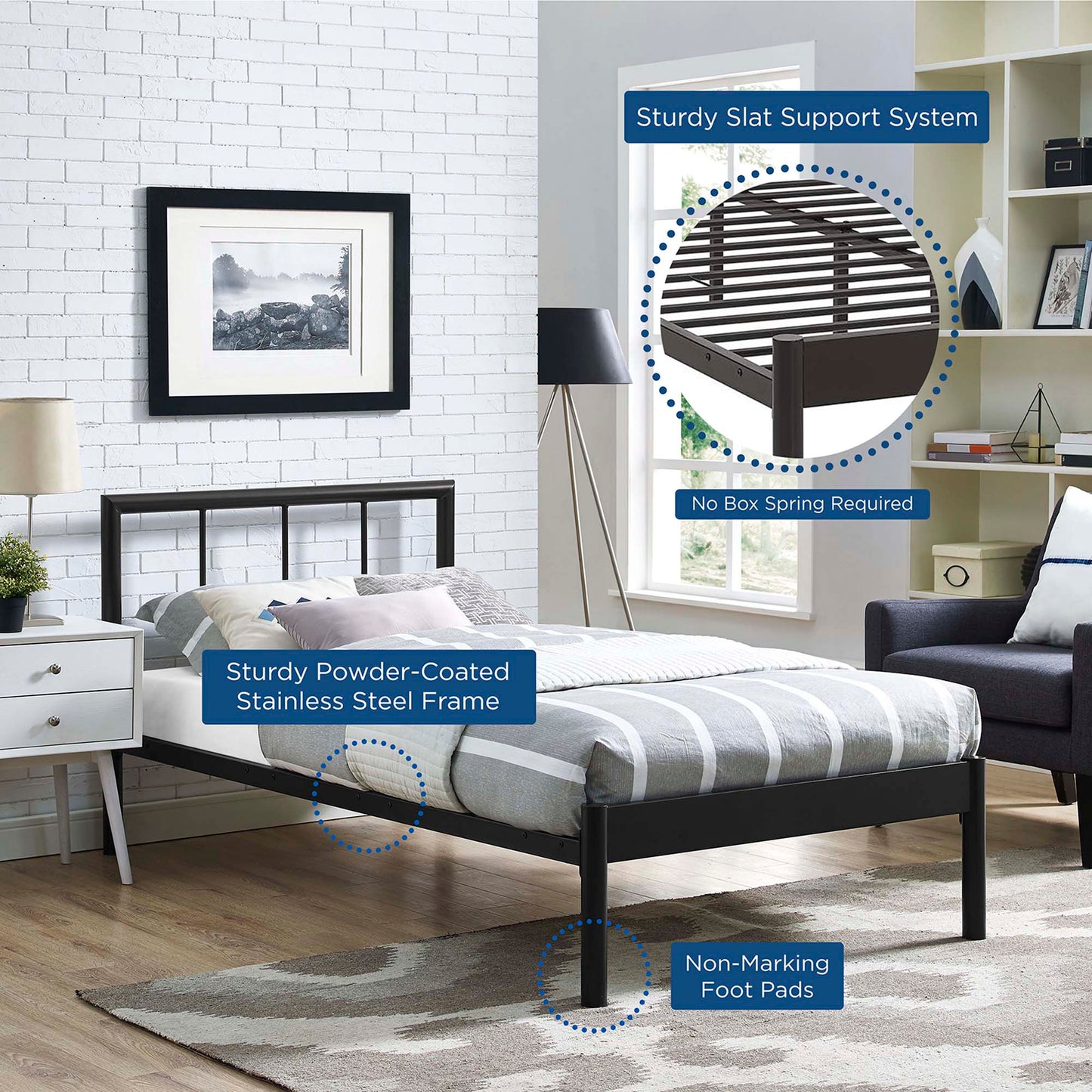 Brown powder-coated stainless steel twin bed frame with slat support; no box spring required; non-marking foot pads.