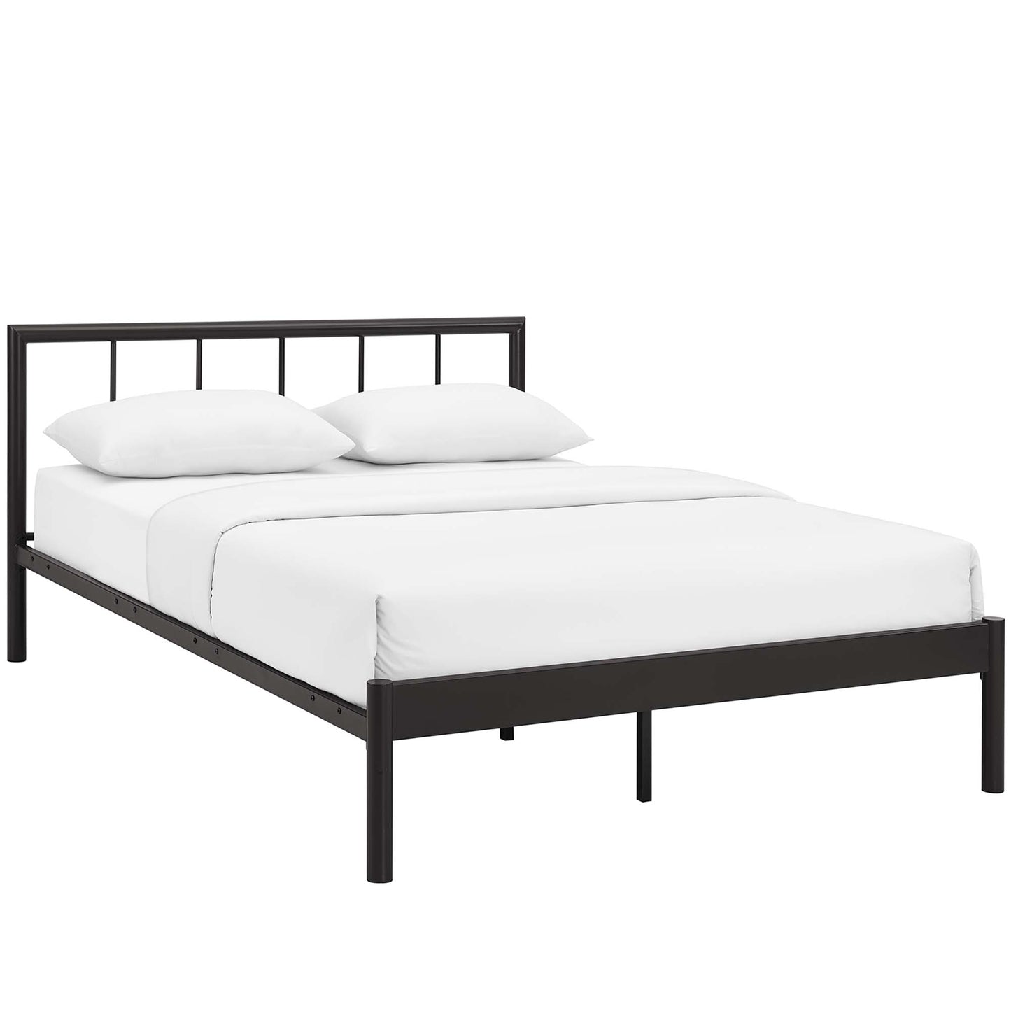 Dark brown metal bed frame with slatted headboard and low platform, white bedding and two pillows.