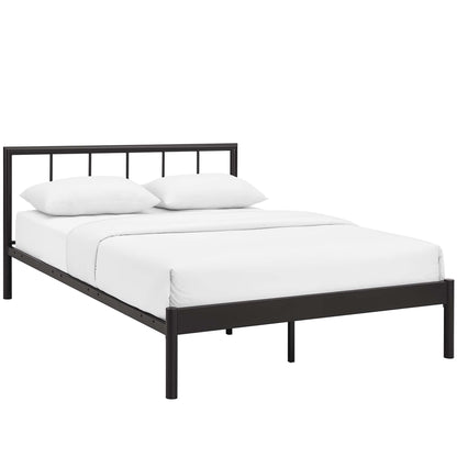 Dark brown metal bed frame with slatted headboard and low platform, white bedding and two pillows.