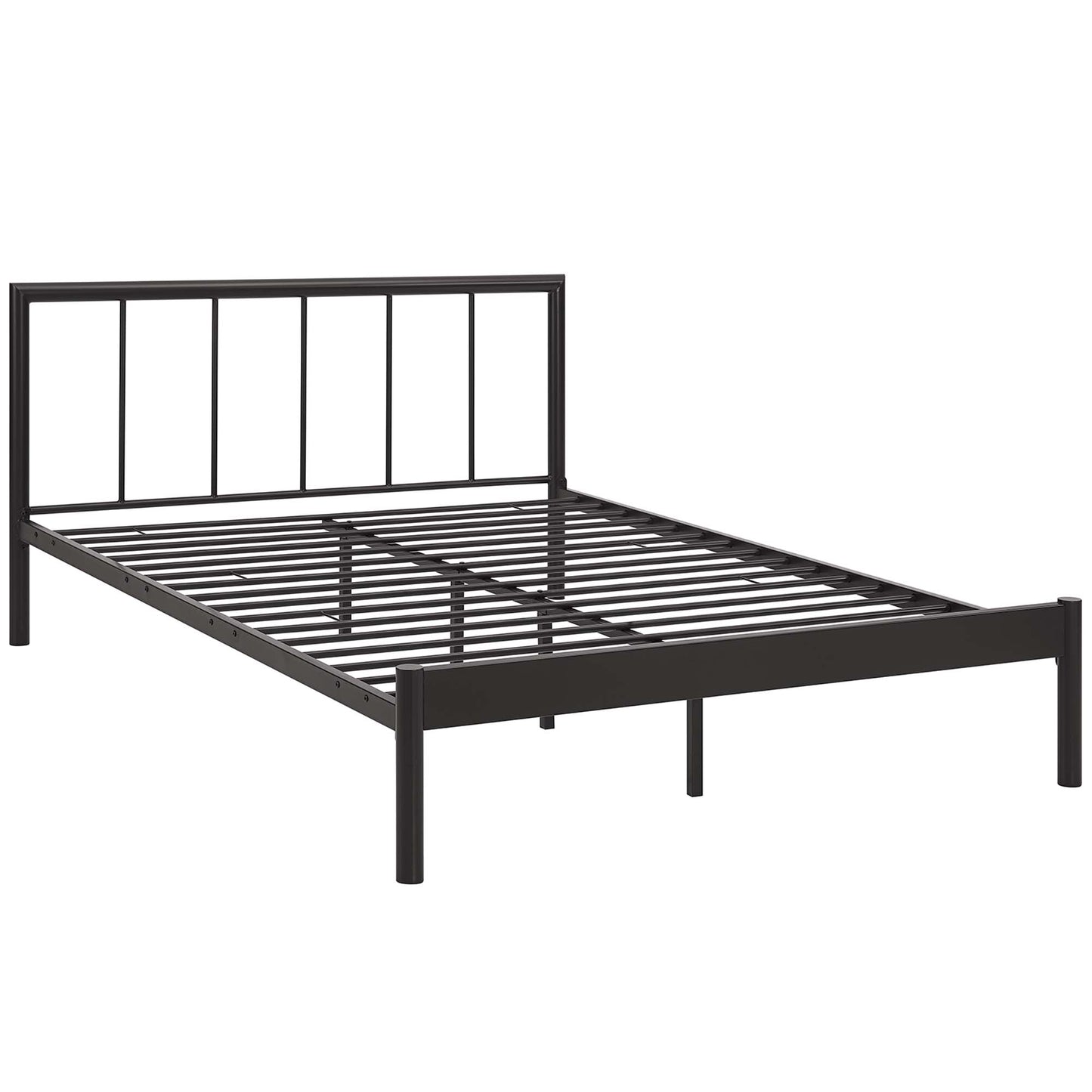Brown metal bed frame with vertical slat headboard, low footboard and slatted base.