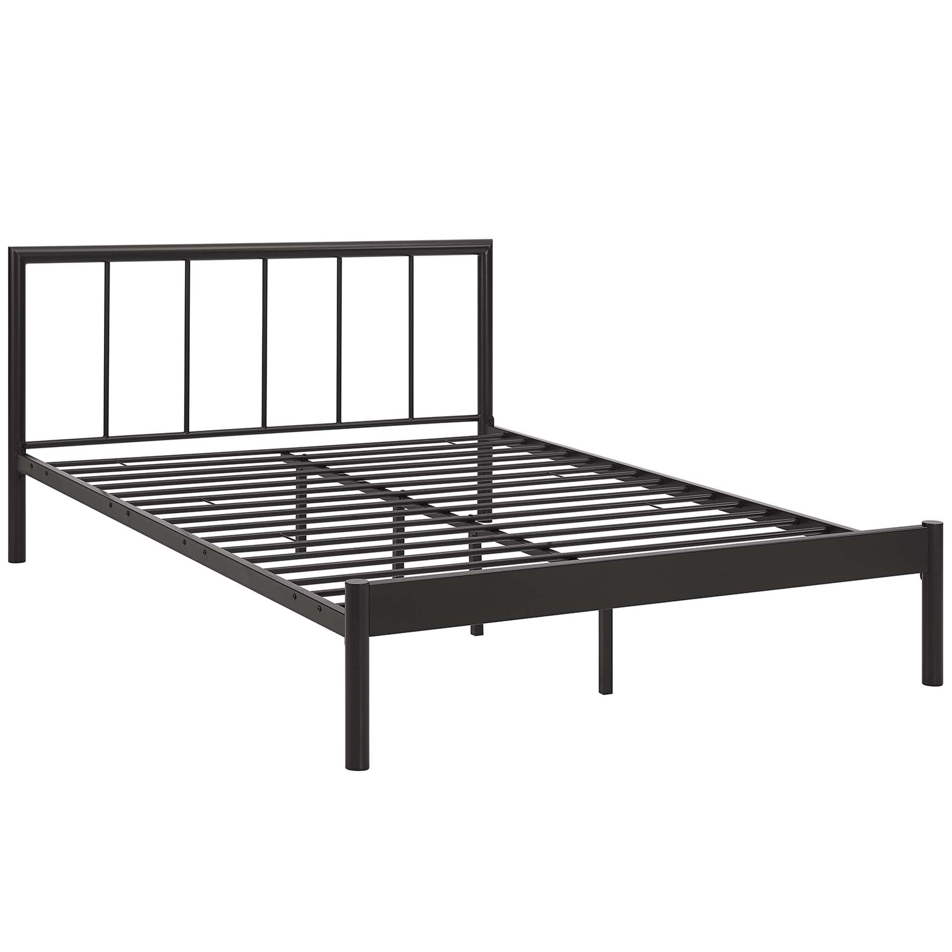 Brown metal bed frame with vertical slat headboard, low footboard and slatted base.
