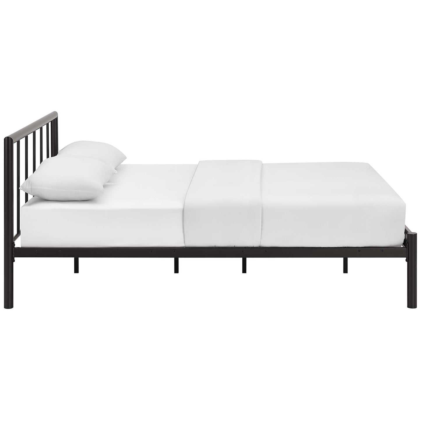 Dark brown metal bed frame with vertical slat headboard and low platform, dressed in white sheets and two pillows.