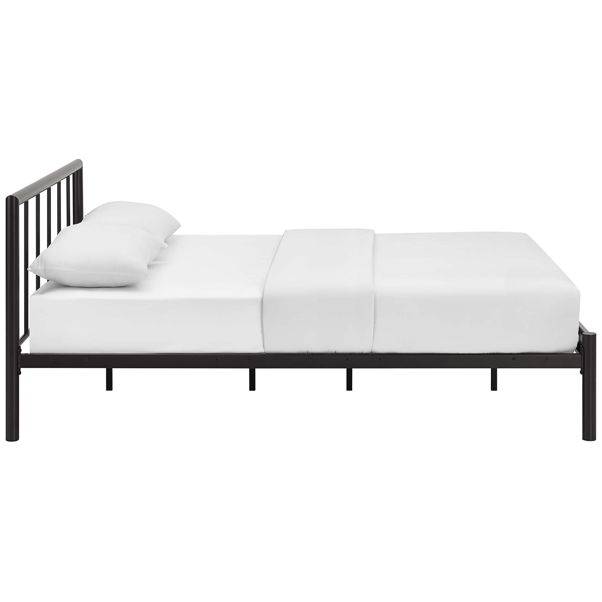 Dark brown metal bed frame with vertical slat headboard and low platform, dressed in white sheets and two pillows.