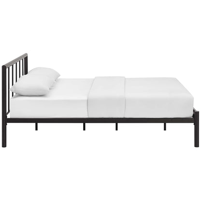 Dark brown metal bed frame with vertical slat headboard and low platform, dressed in white sheets and two pillows.