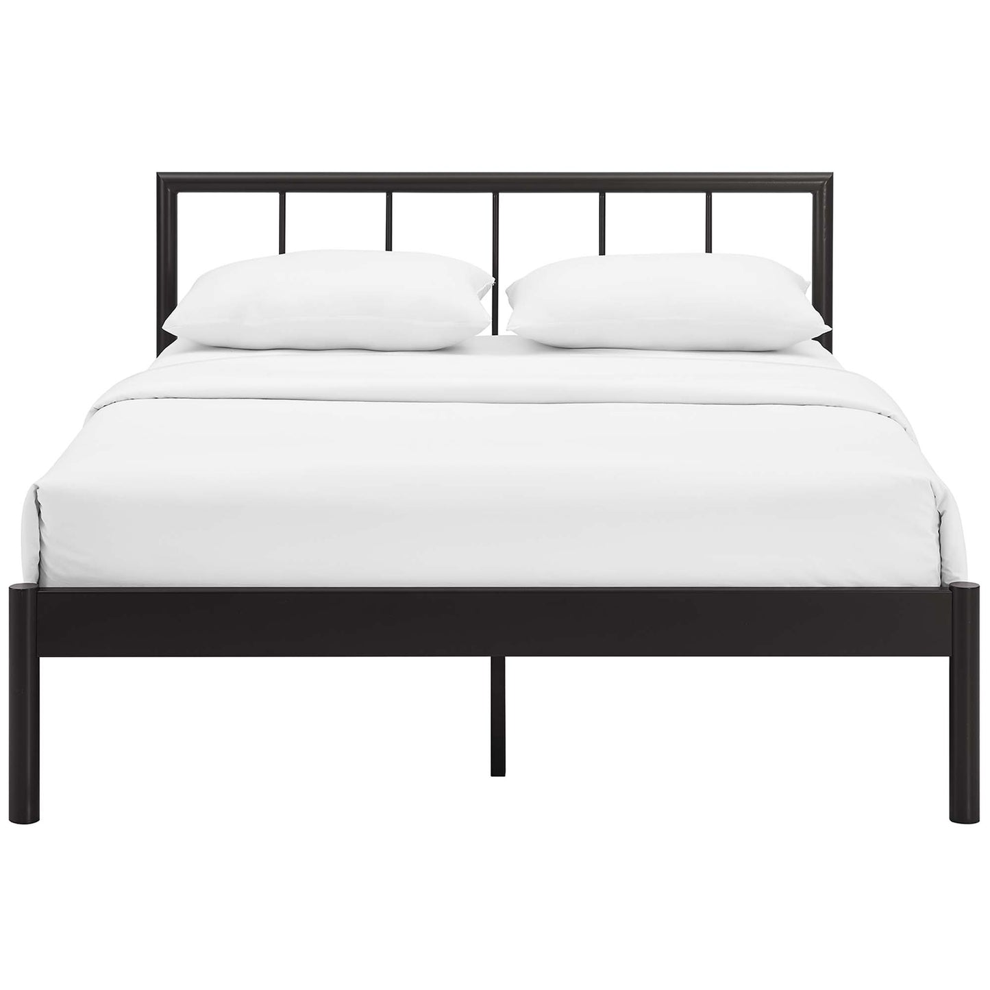 Dark brown metal bed frame with a slatted headboard, white duvet and two white pillows.