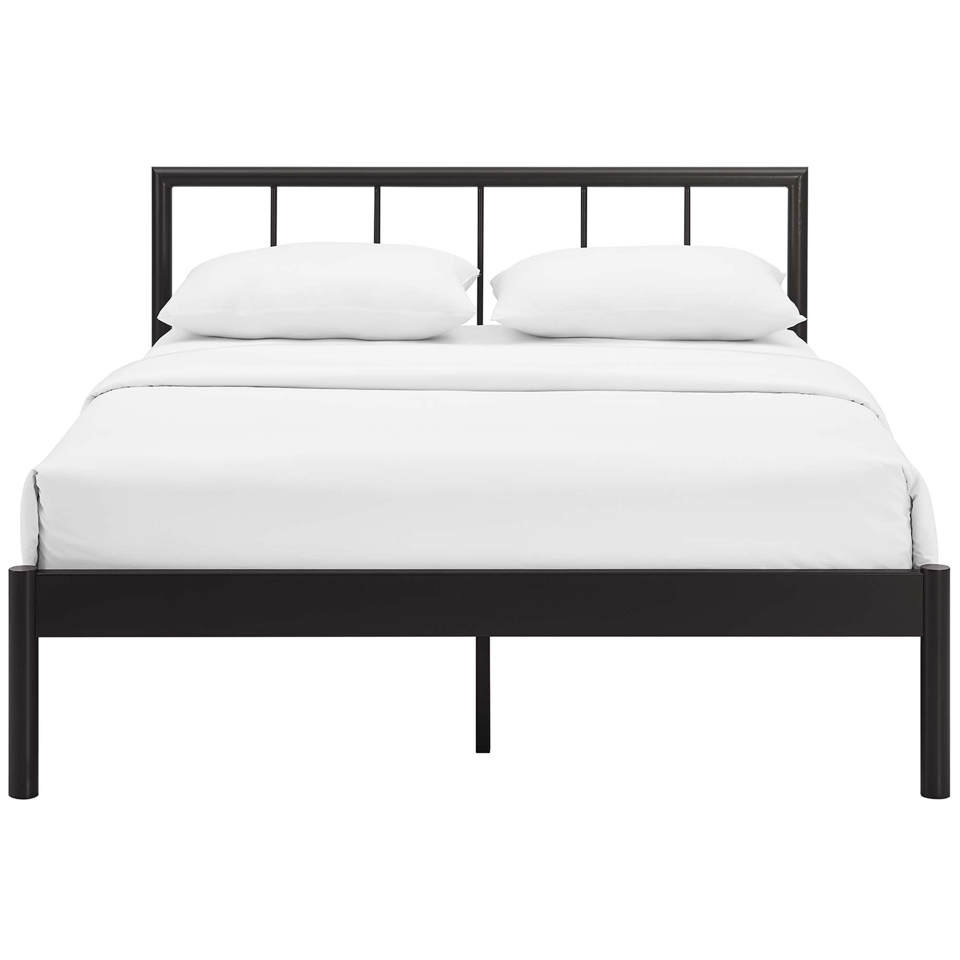 Dark brown metal bed frame with a slatted headboard, white duvet and two white pillows.