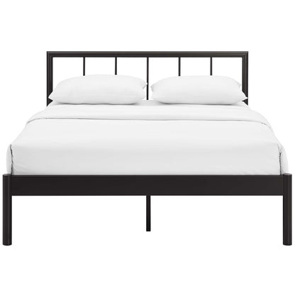 Dark brown metal bed frame with a slatted headboard, white duvet and two white pillows.