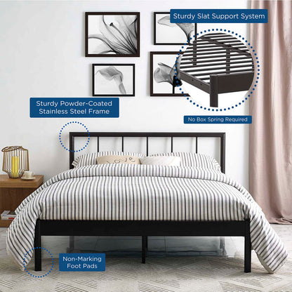 Black powder-coated steel bed frame with slat support, non-marking feet, striped bedding; no box spring required.