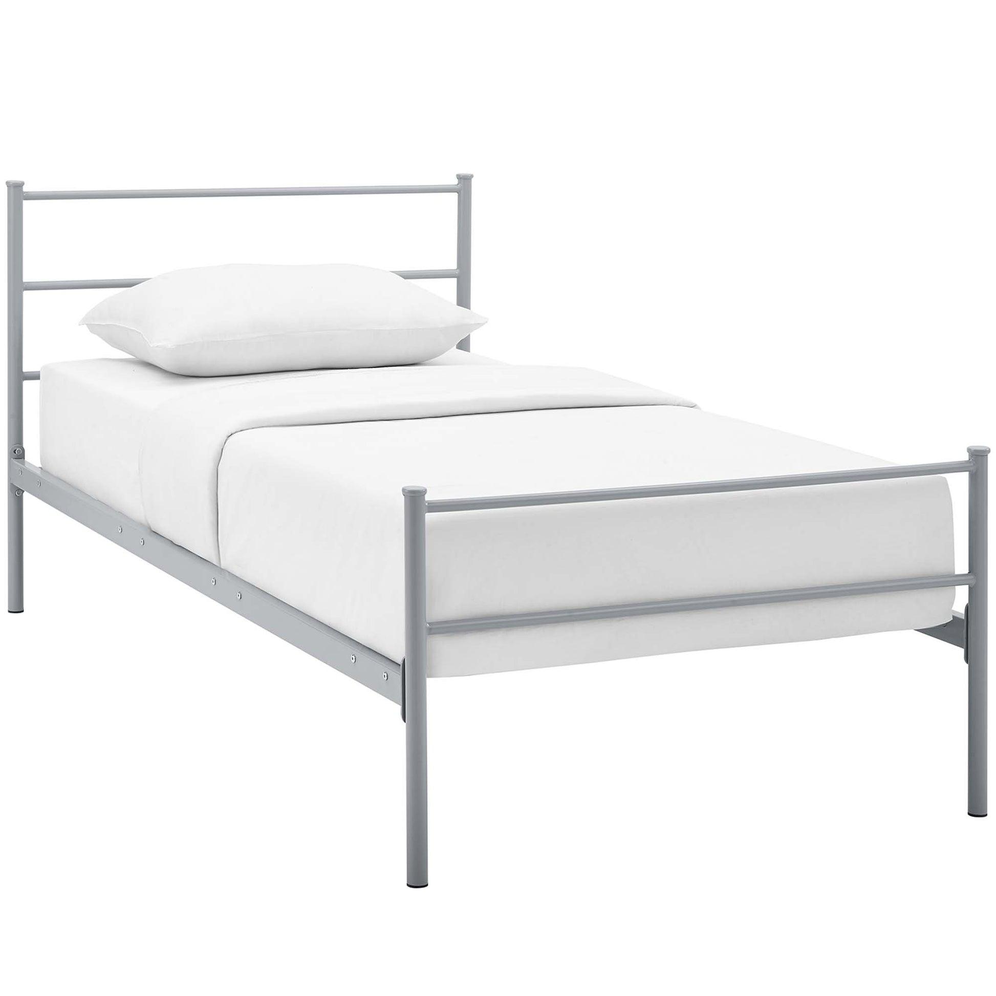 Light gray metal twin bed frame with horizontal bar headboard and footboard, white bedding.