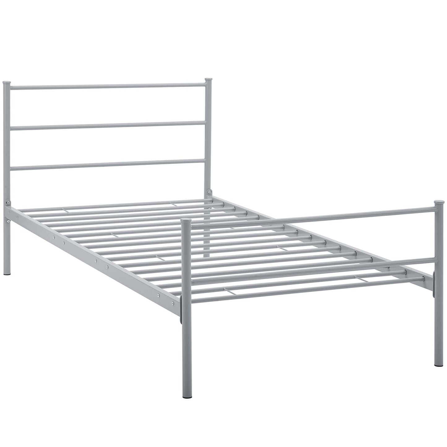 Gray metal twin bed frame with three-bar headboard and slatted base; minimalist design