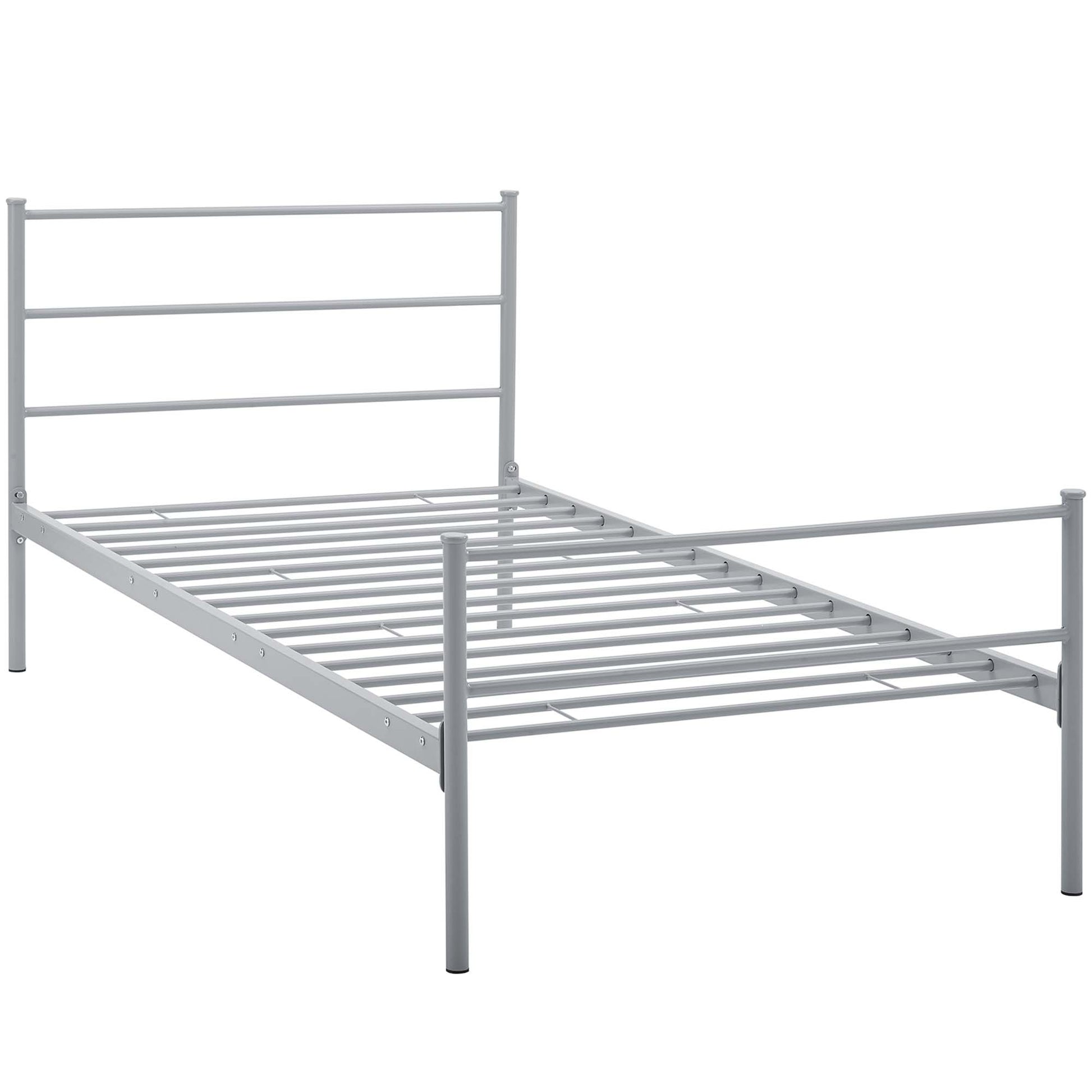 Gray metal twin bed frame with three-bar headboard and slatted base; minimalist design