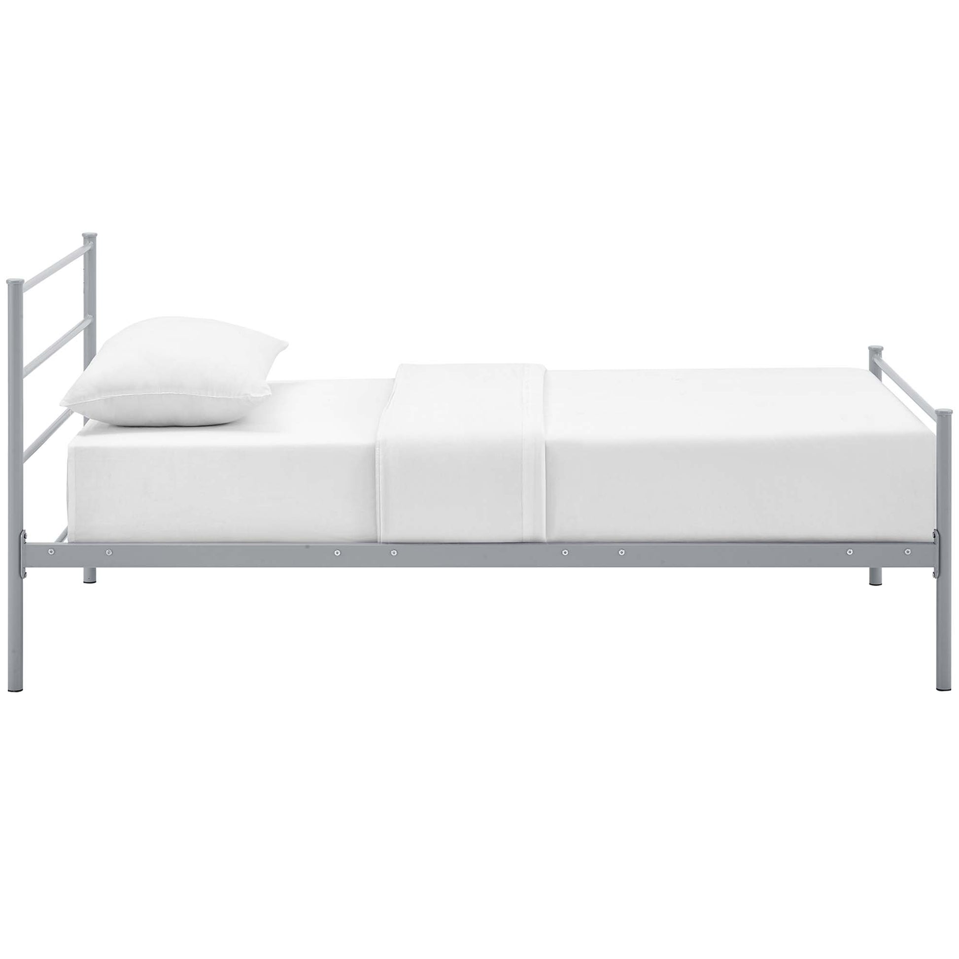 Gray metal twin bed frame with slim side rails, white mattress cover, pillow and folded blanket.