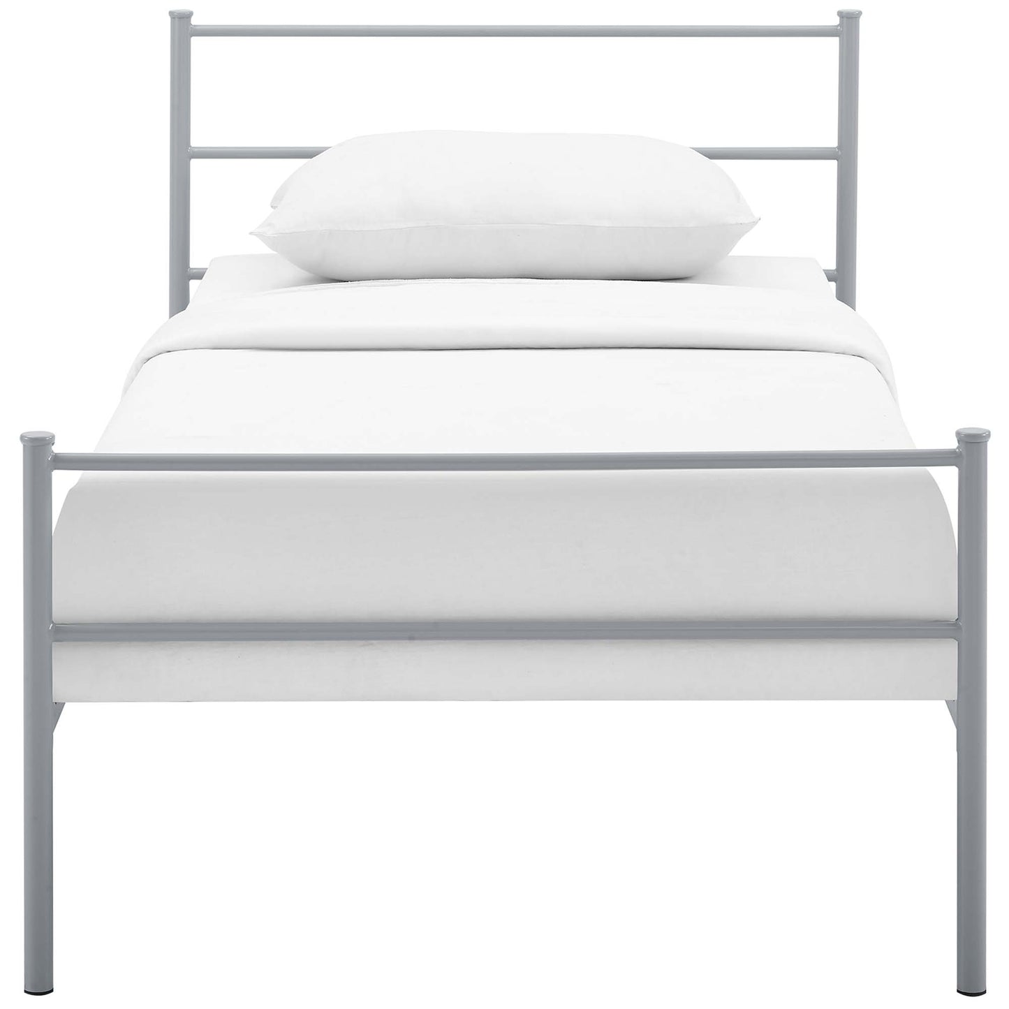 Gray metal bed frame with horizontal bars, white bedding and pillow, modern minimalist design.