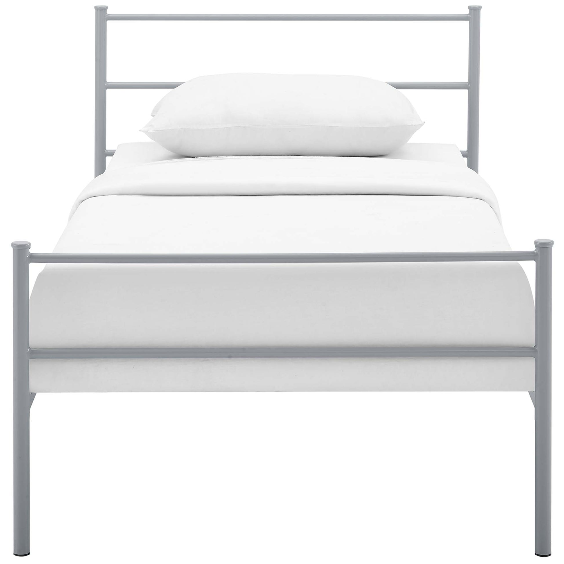 Gray metal bed frame with horizontal bars, white bedding and pillow, modern minimalist design.