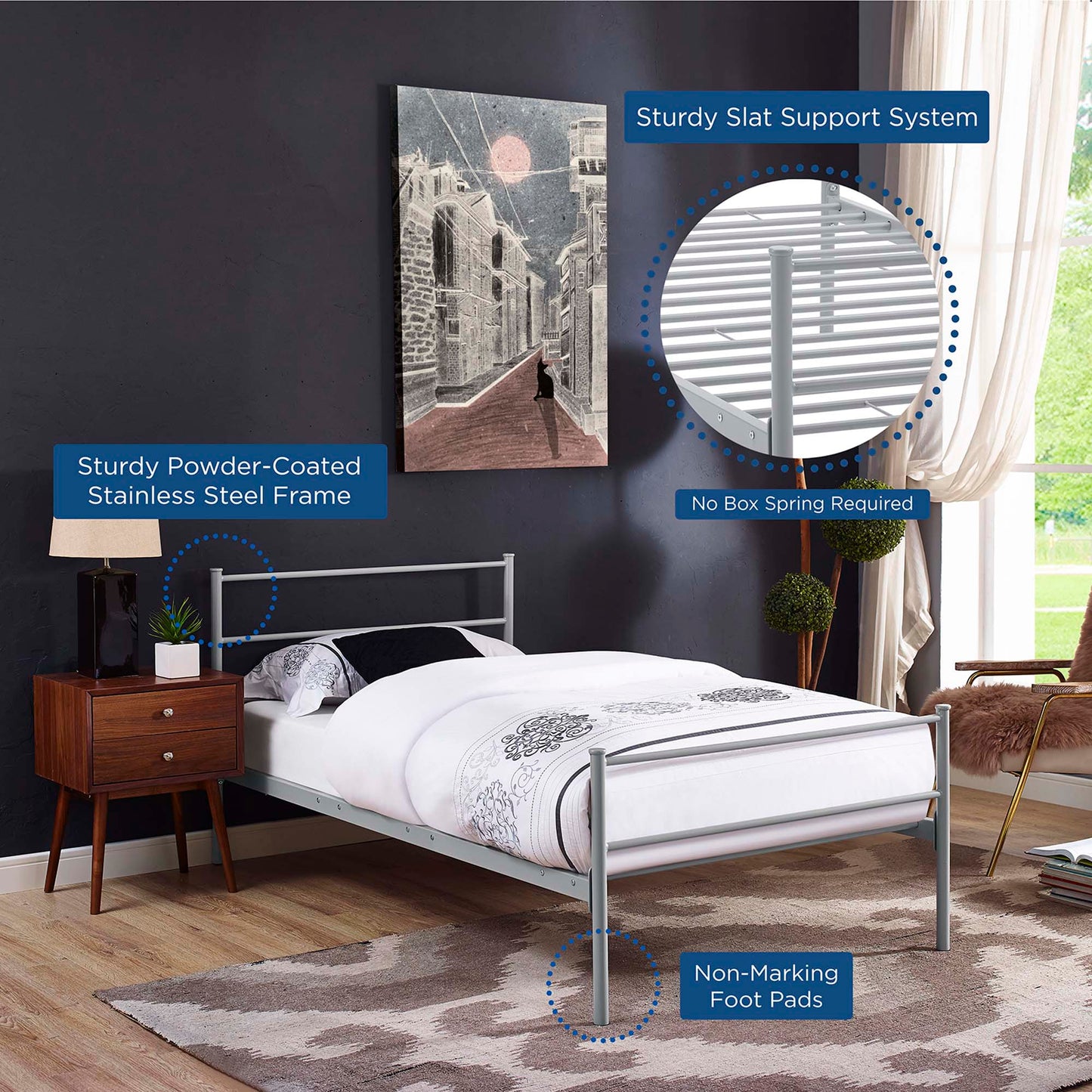 Grey powder-coated stainless steel bed frame with slat support, no box spring, non-marking foot pads.