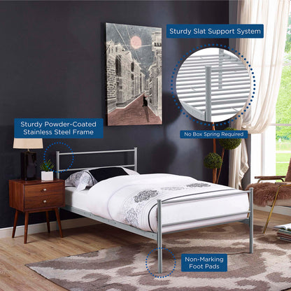 Grey powder-coated stainless steel bed frame with slat support, no box spring, non-marking foot pads.