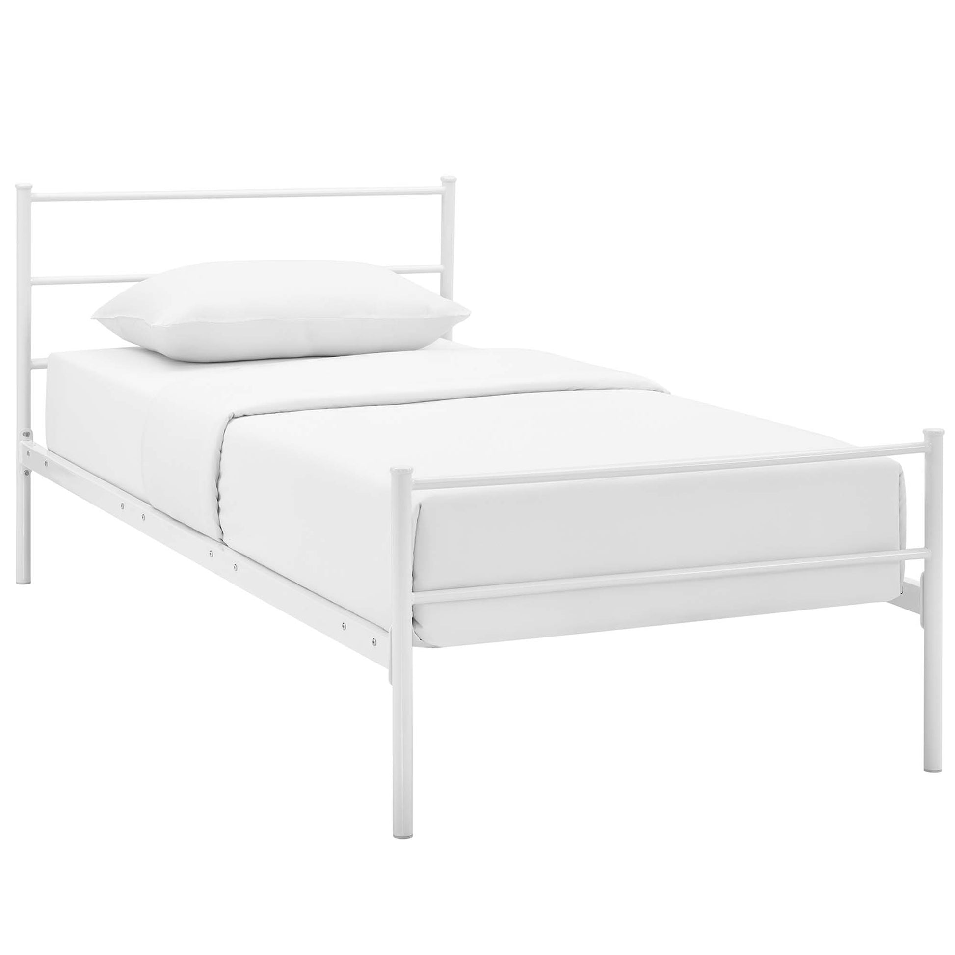 White metal twin bed frame with headboard and footboard, minimalist style, dressed in white sheets and pillow.