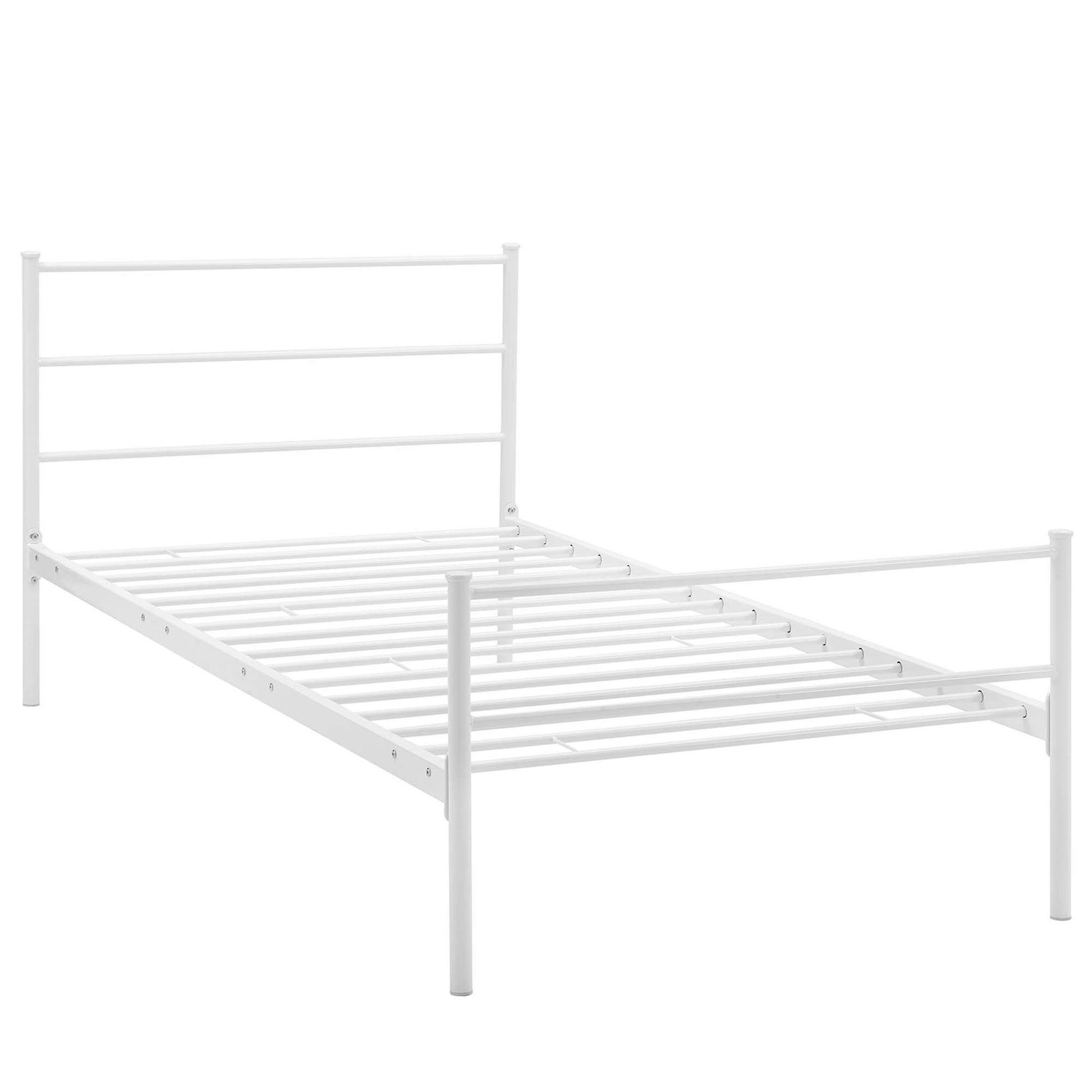 White metal twin bed frame with slatted base and simple headboard and footboard.