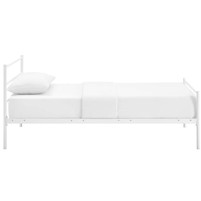 White platform twin bed frame with straight rails & topped with white sheets & two white pillows.