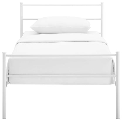 White metal twin bed frame with slim bars and white bedding, pillow atop mattress.