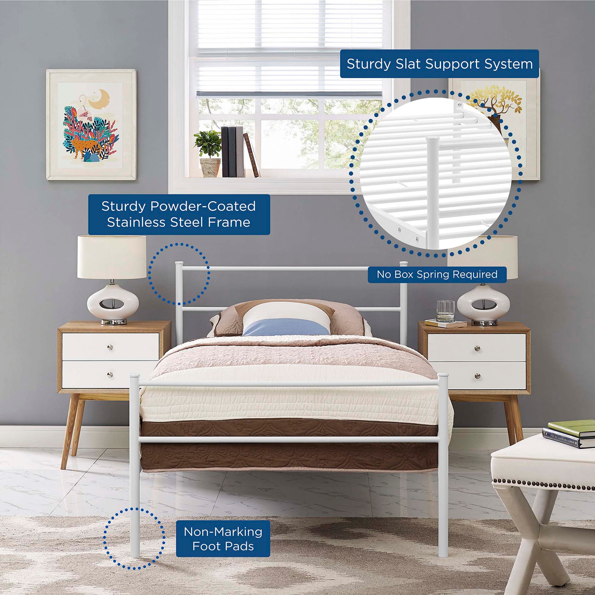 White powder-coated platform twin bed frame with slat support system; no box spring required; non-marking foot pads.