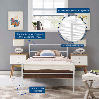 White powder-coated platform twin bed frame with slat support system; no box spring required; non-marking foot pads.