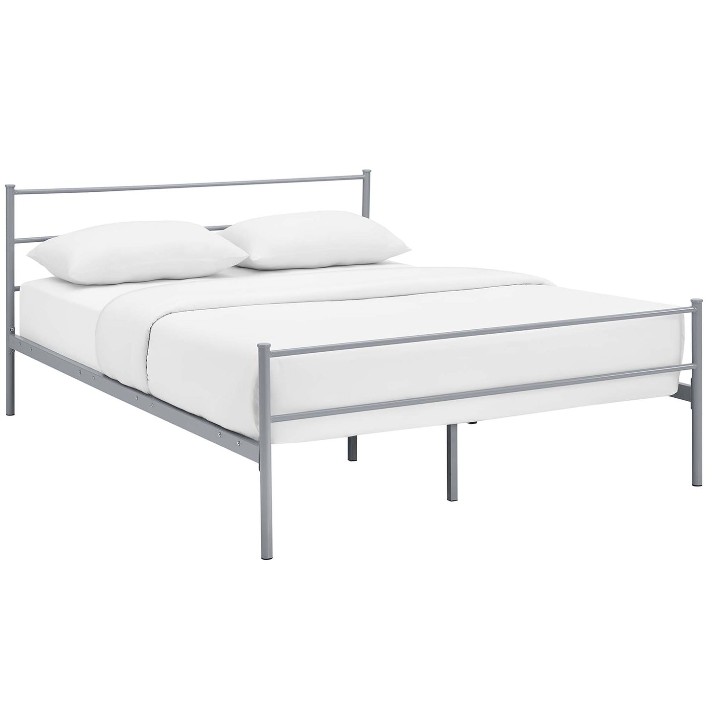 Gray metal bed frame with minimalist rails and legs, full-size bed with white bedding.