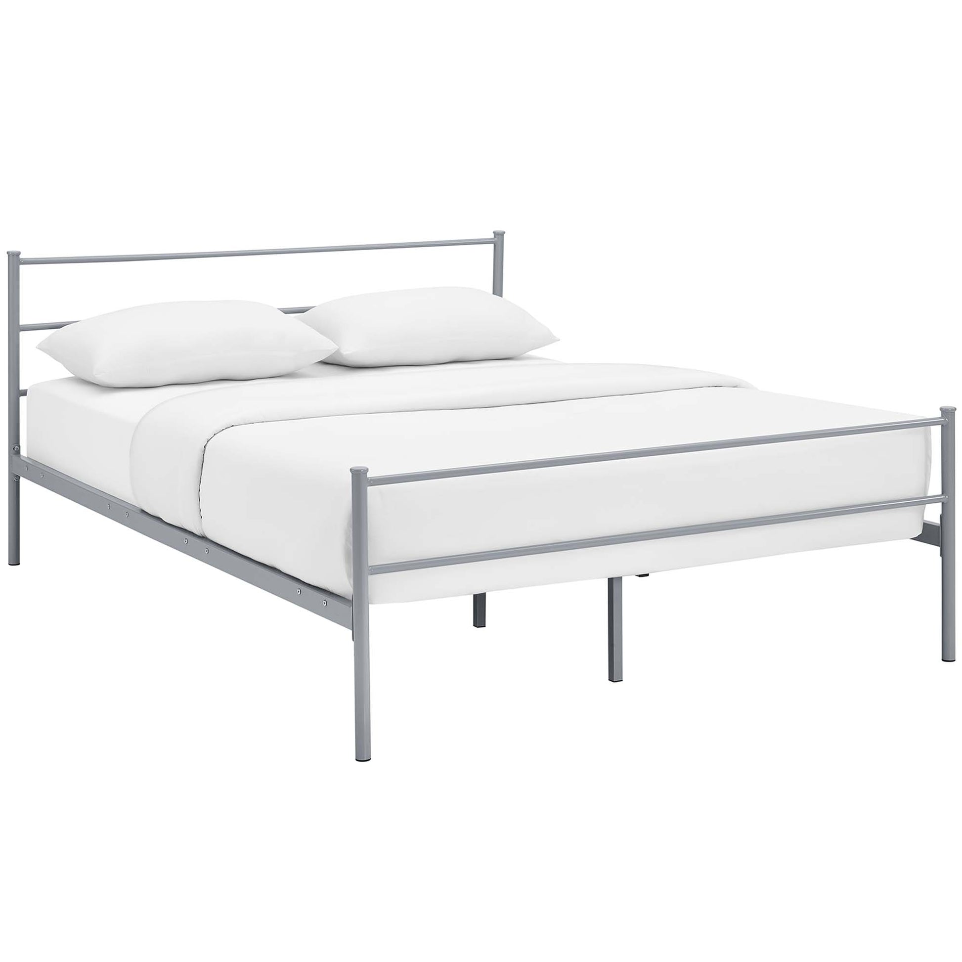Gray metal bed frame with minimalist rails and legs, full-size bed with white bedding.