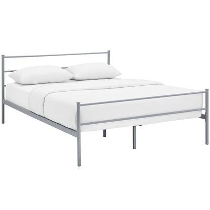 Gray metal bed frame with minimalist rails and legs, full-size bed with white bedding.