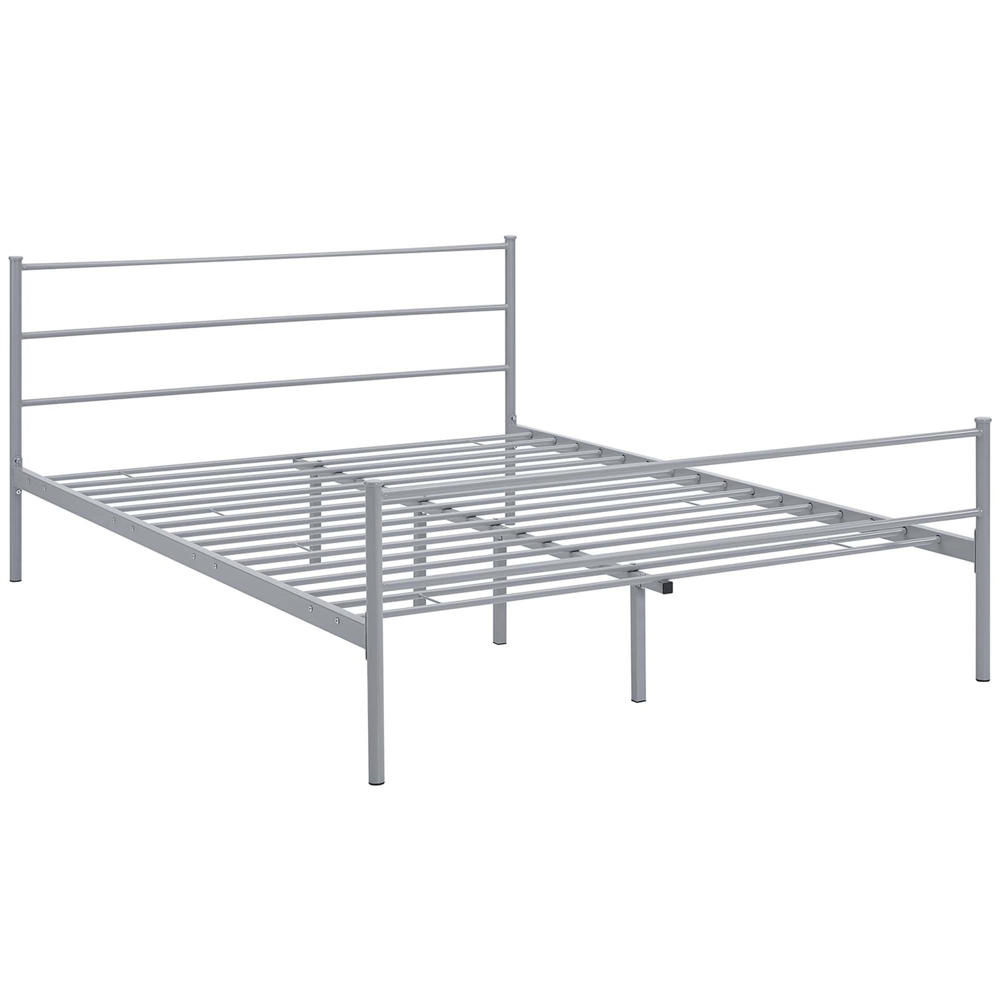 Gray metal bed frame with slatted base, tall headboard with 3 horizontal bars, industrial-style design.