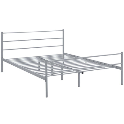 Gray metal bed frame with slatted base, tall headboard with 3 horizontal bars, industrial-style design.