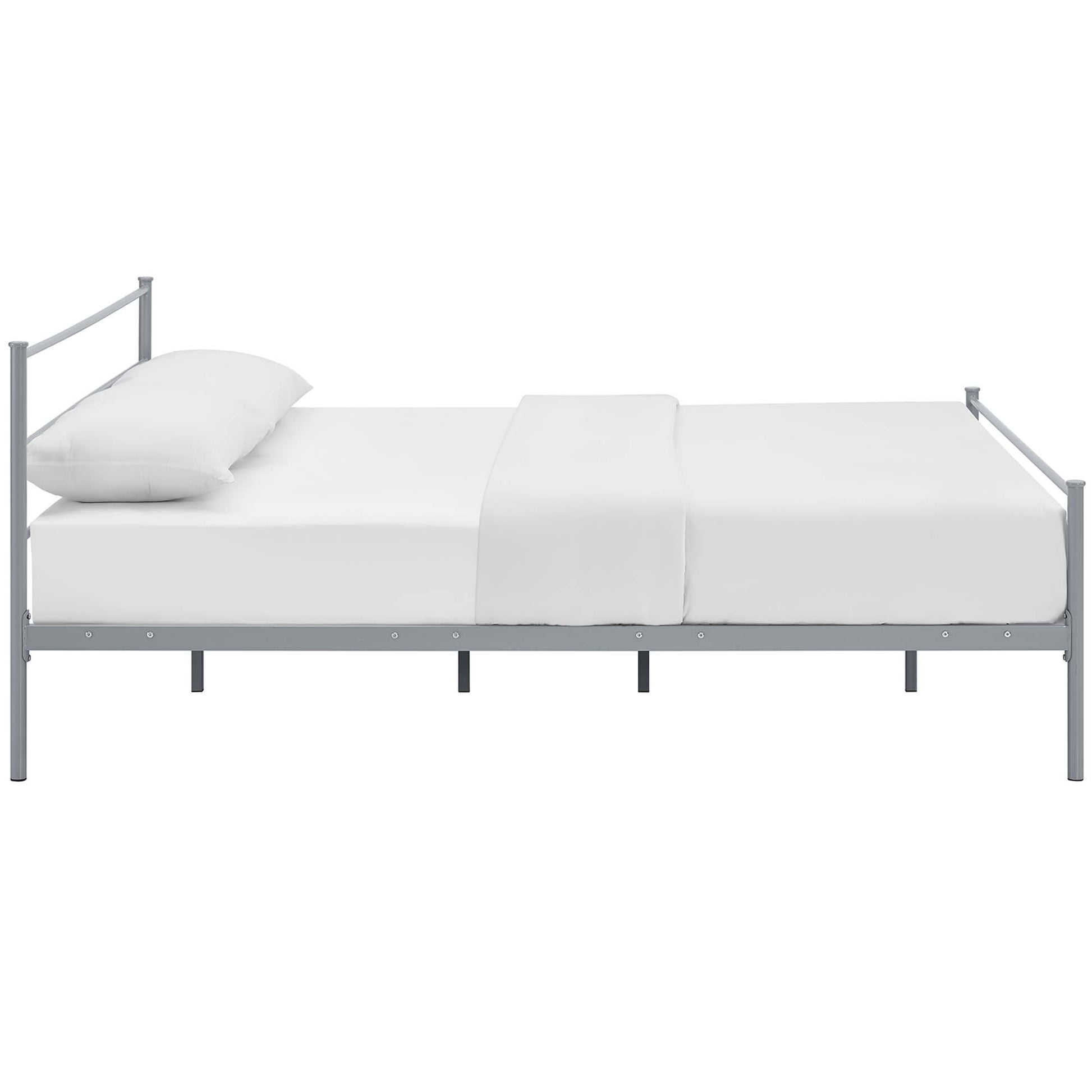 Gray metal full platform bed frame with white sheets and pillow; simple, modern design.