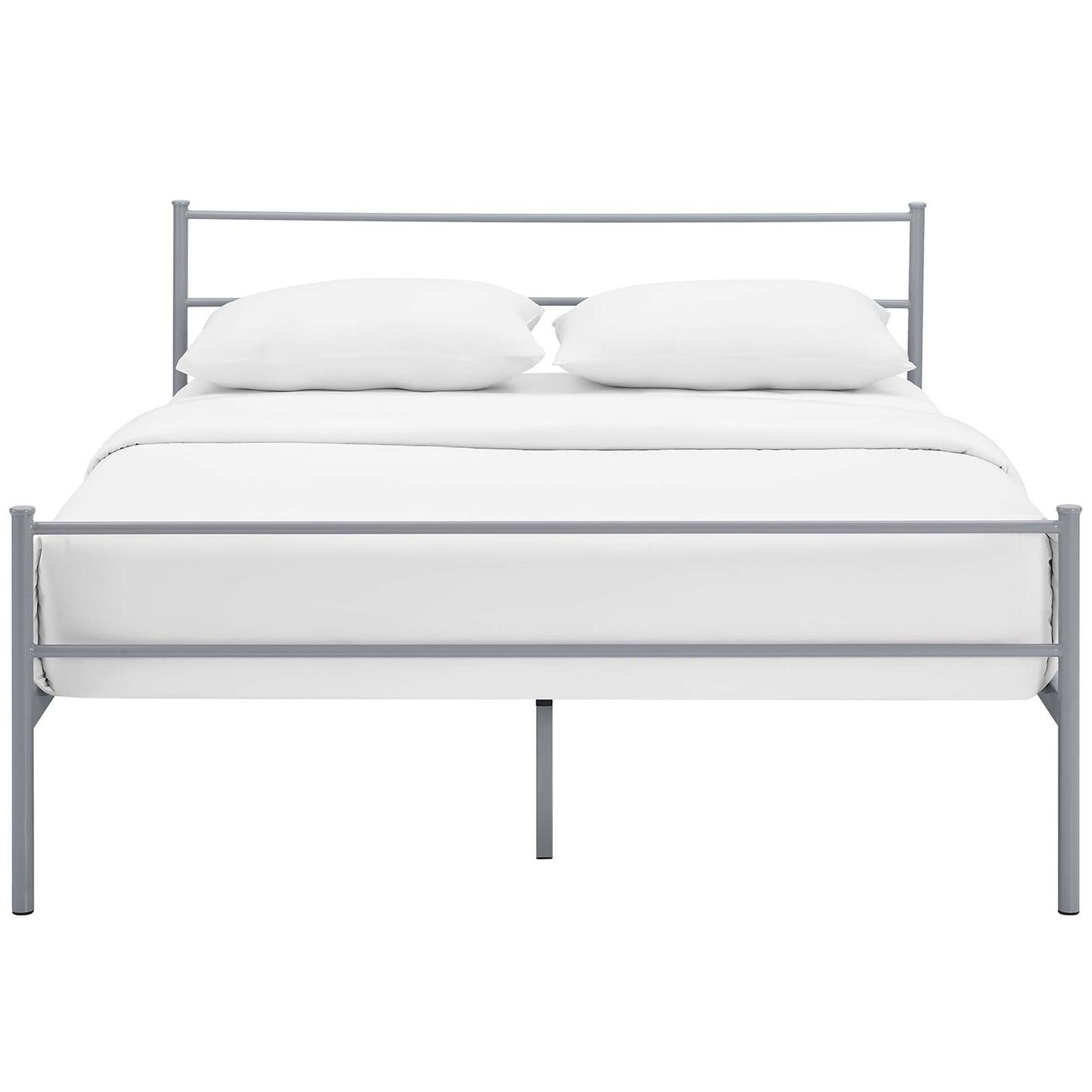 Gray metal bed frame with headboard and footboard, white bedding for a minimalist modern look.