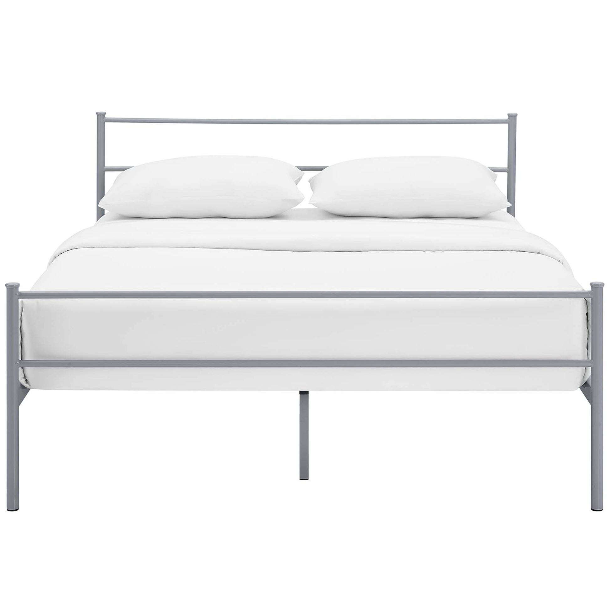 Gray metal bed frame with headboard and footboard, white bedding for a minimalist modern look.
