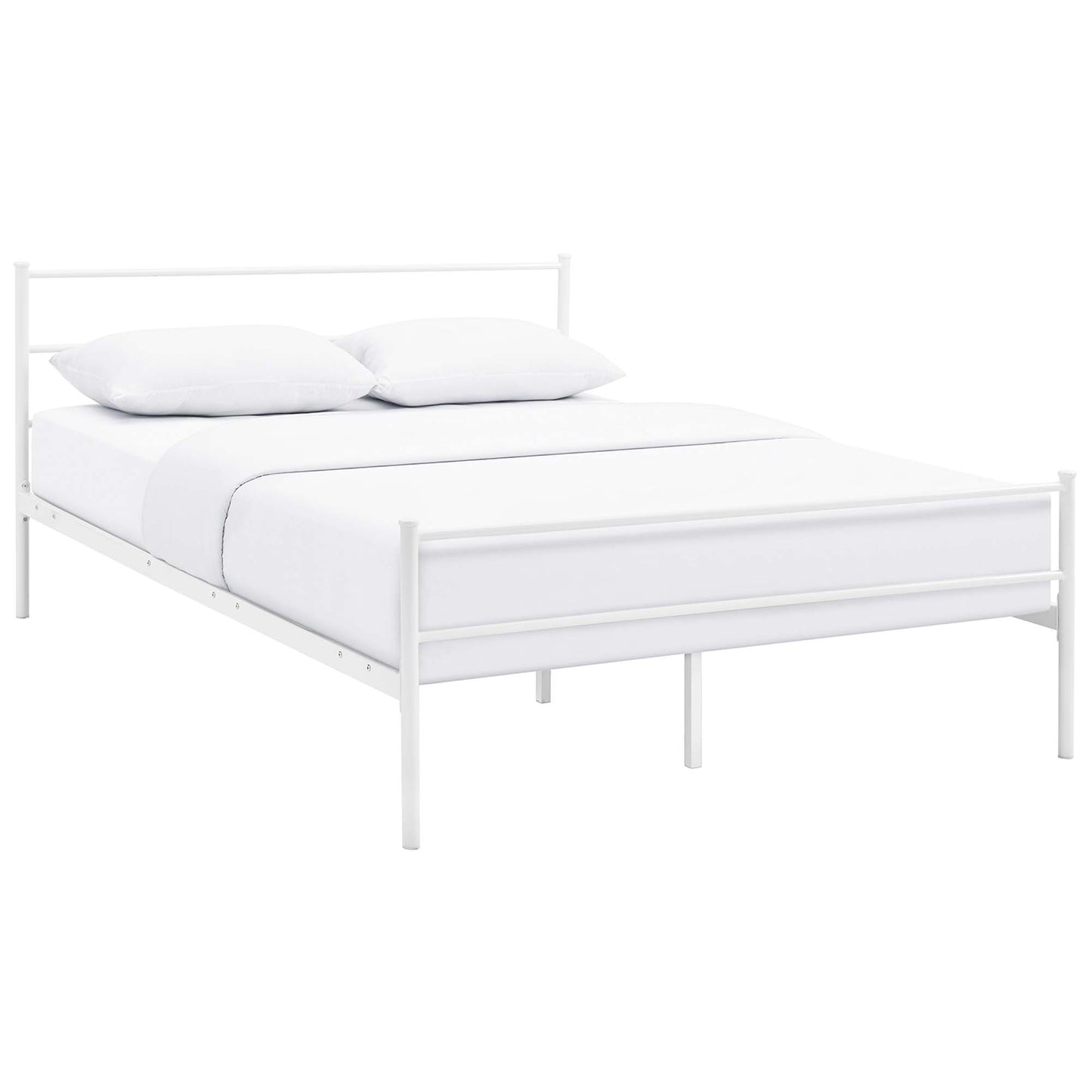 White metal bed frame with headboard and footboard, dressed in white linens and pillows.