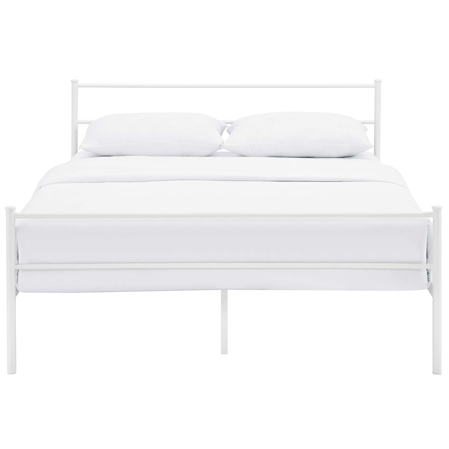White metal bed frame with simple rails, covered in a white duvet and two white pillows.