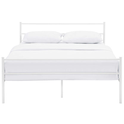 White metal bed frame with simple rails, covered in a white duvet and two white pillows.