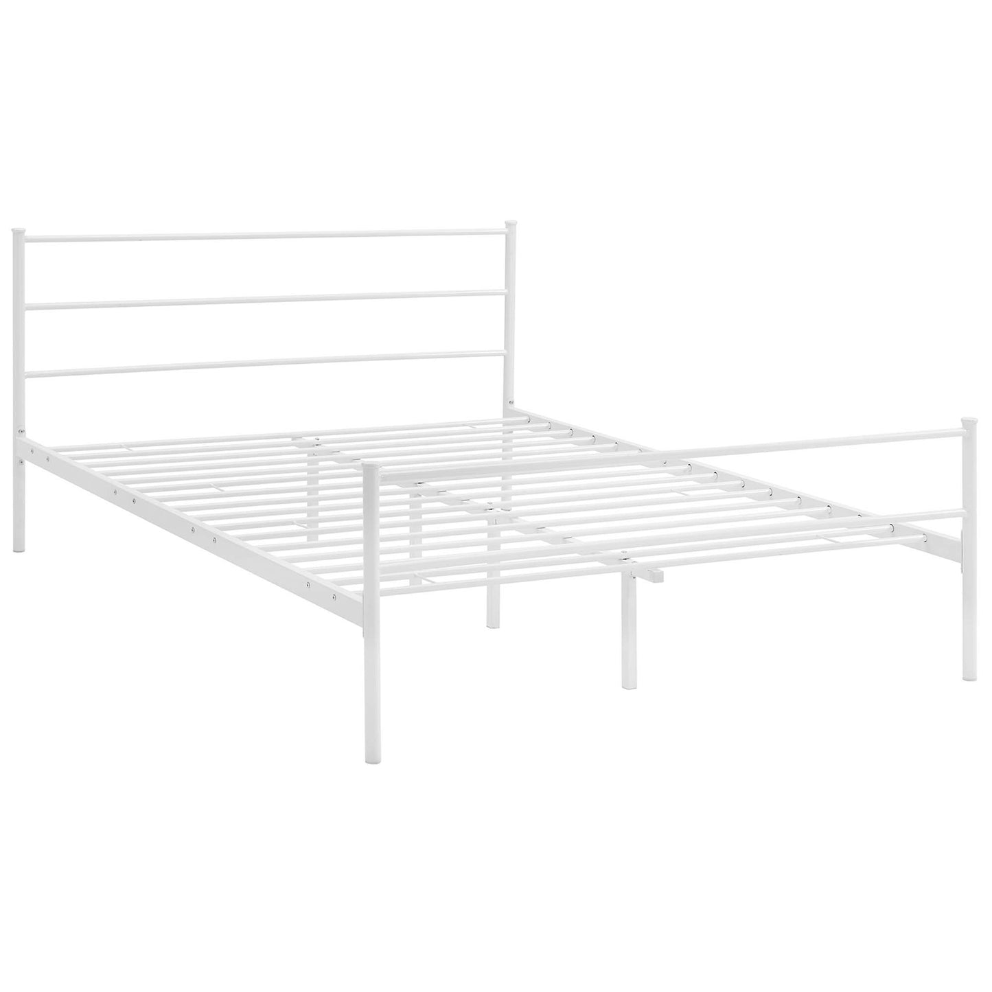 White metal bed frame with tall slatted headboard, side rails, and slatted base; modern minimalist style.