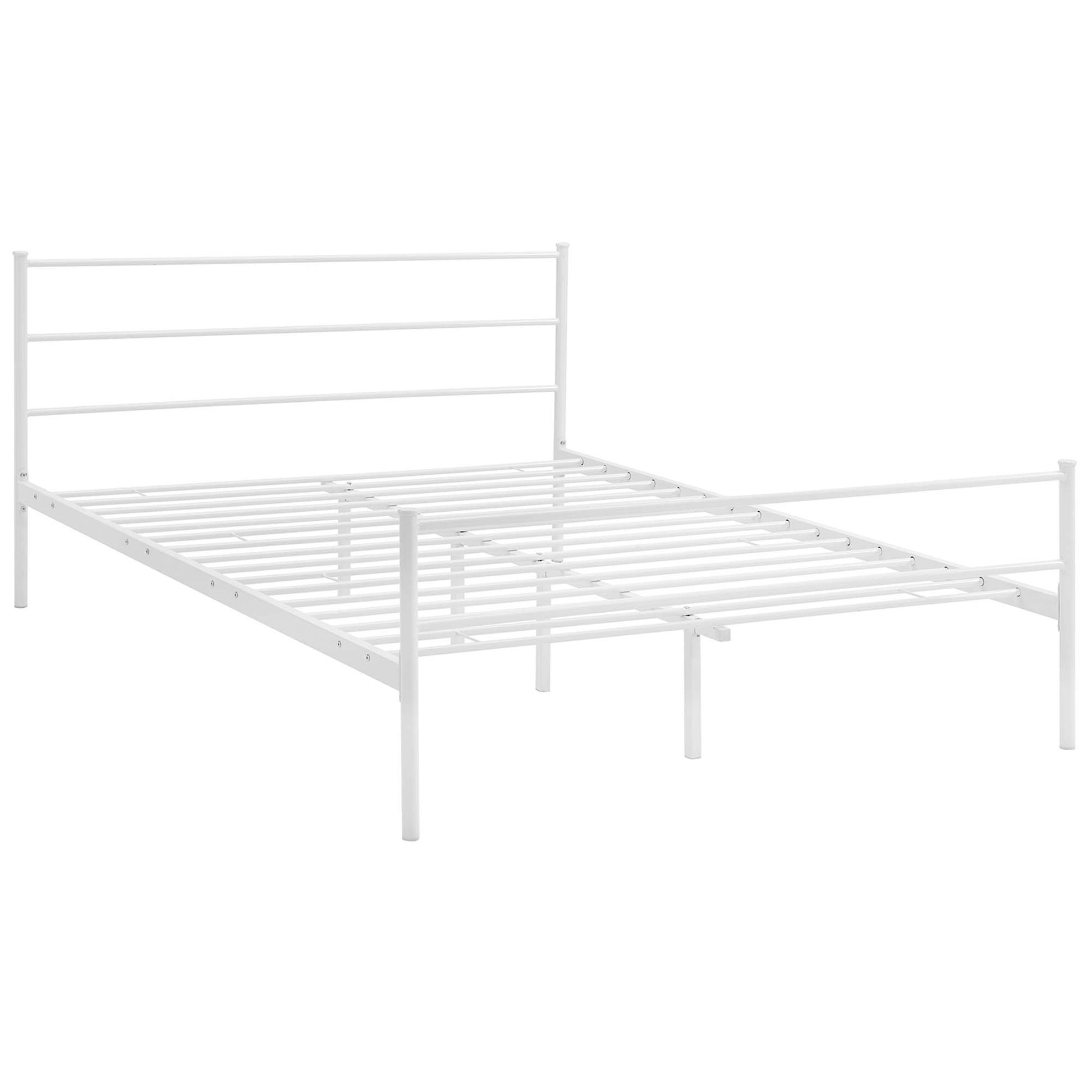 White metal bed frame with tall slatted headboard, side rails, and slatted base; modern minimalist style.